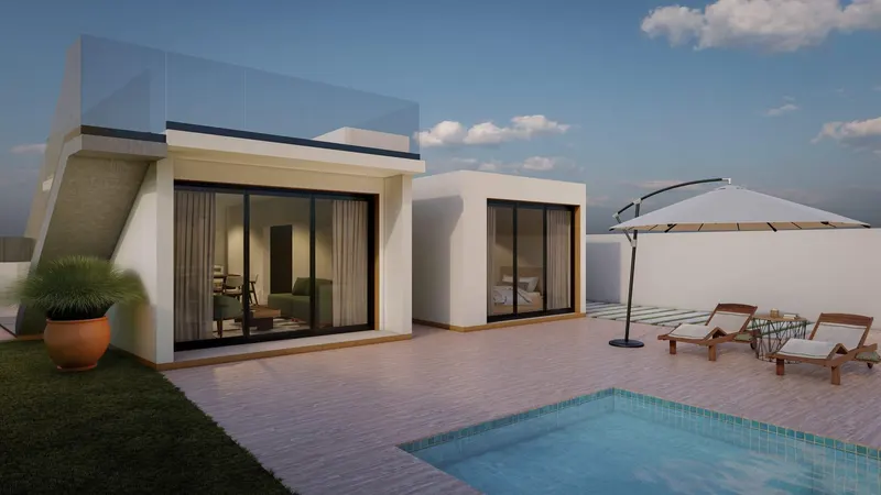 Villa de estilo ibicenco en un tranquilo pueblo español