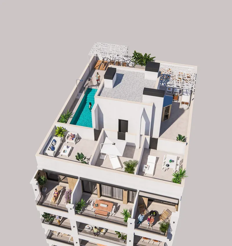 Apartamentos modernos de nueva construcción en venta en Torrevieja, a 300 m de Playa del Cura